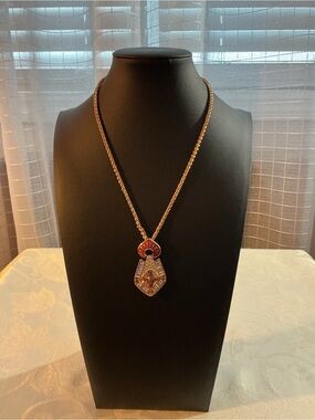 Amber Rhinestone & Red Enamel Vintage 1980s Gold Tone Shield Pendant Necklace